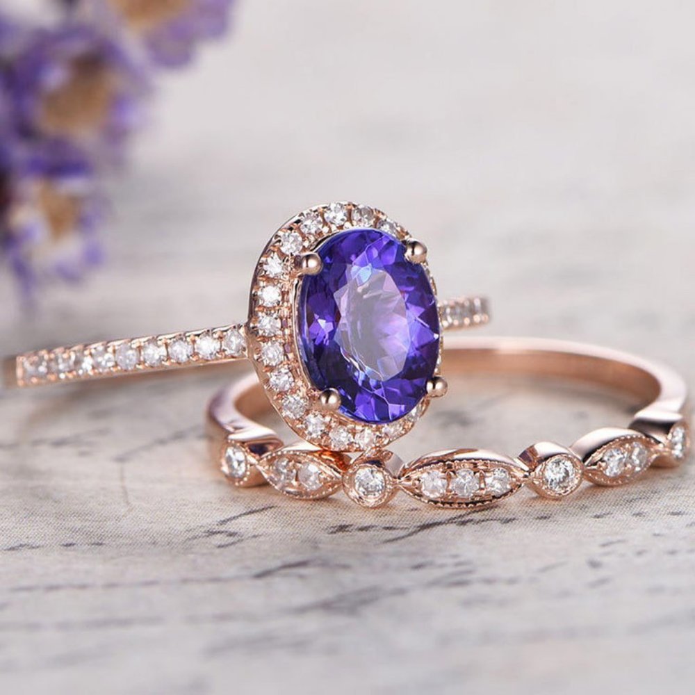 *NEW 18K Rose Gold Amethyst Diamond Halo Ring Set